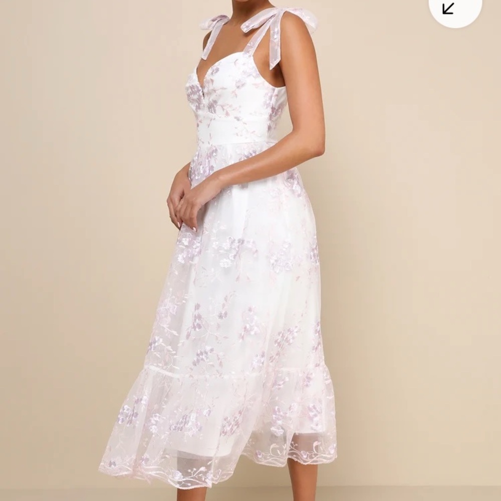 New: Lulus Distinctly Sweet White Floral Embroidered Tie-Strap Midi. Size Med